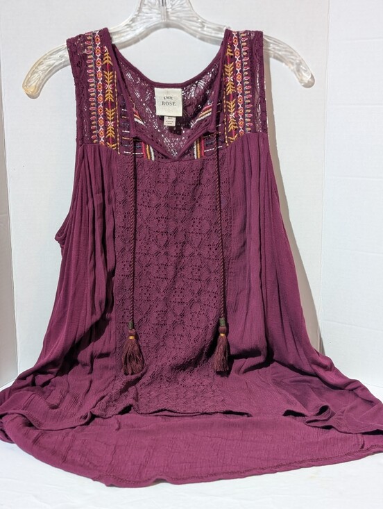 Knox Rose Tops - Knox Rose XL Burgundy Embroidered Lace High-low Tunic Tank Top Boho Tassel